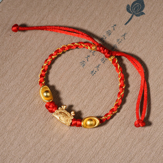 Handmade Red String Bracelet with 18K Gold Dumpling and Gold Ingots – Happiness and Wealth