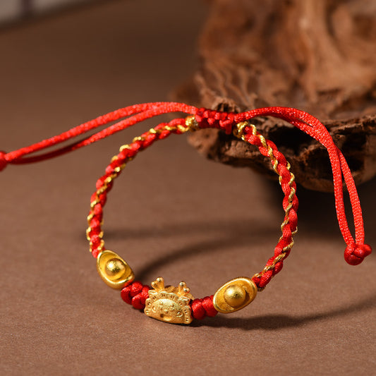 Handmade Red String Bracelet with 18K Gold Dumpling and Gold Ingots – Happiness and Wealth