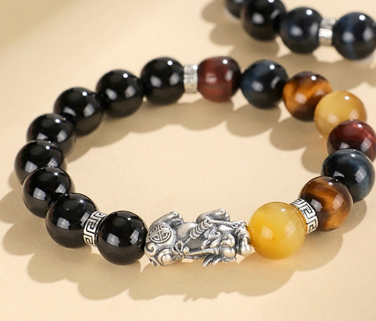 Black Agate Bracelet with Tiger Eye and 999 Sterling Silver Pixiu – Attract Wealth and Luck