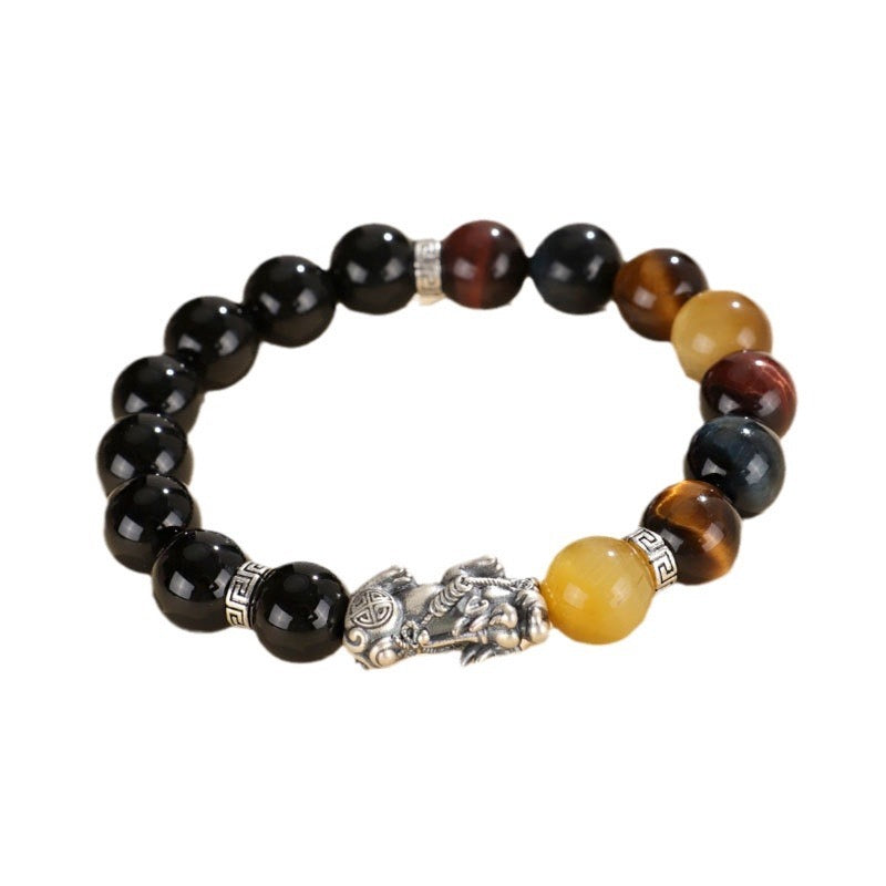 Black Agate Bracelet with Tiger Eye and 999 Sterling Silver Pixiu – Attract Wealth and Luck