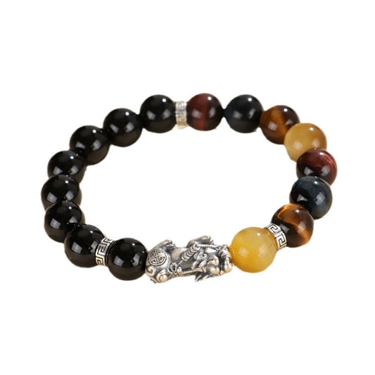 Black Agate Bracelet with Tiger Eye and 999 Sterling Silver Pixiu – Attract Wealth and Luck