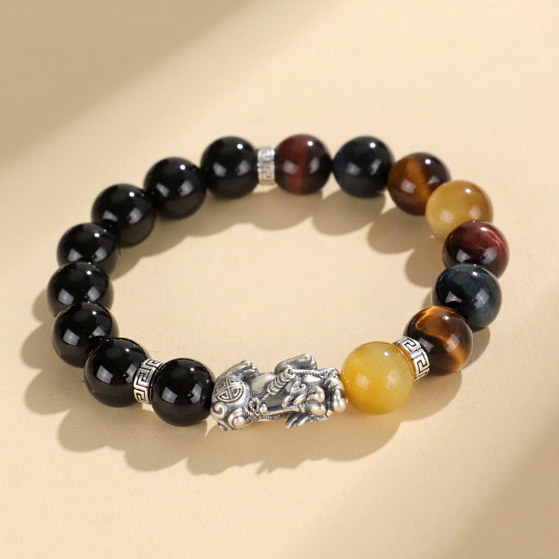 Black Agate Bracelet with Tiger Eye and 999 Sterling Silver Pixiu – Attract Wealth and Luck