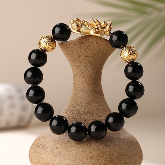 Natural Obsidian Bracelet with Sand Gold Pixiu – Attract Wealth and Prosperity