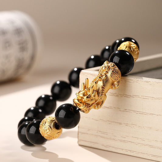 Natural Obsidian Bracelet with Sand Gold Pixiu – Attract Wealth and Prosperity