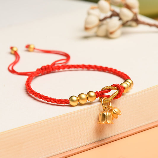 Handmade Red String Bracelet with Lily of the Valley and Golden Bean – A Charm of Luck