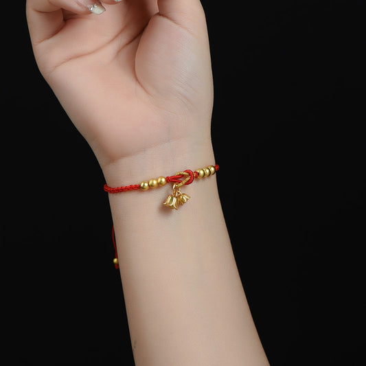 Handmade Red String Bracelet with Lily of the Valley and Golden Bean – A Charm of Luck