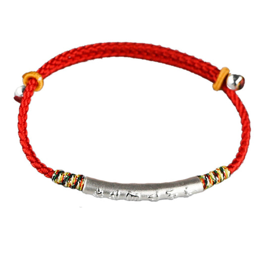 Handmade Red String Bracelet with Sterling Silver Carved Six Syllables Mantra – Blessings of Peace and Protection