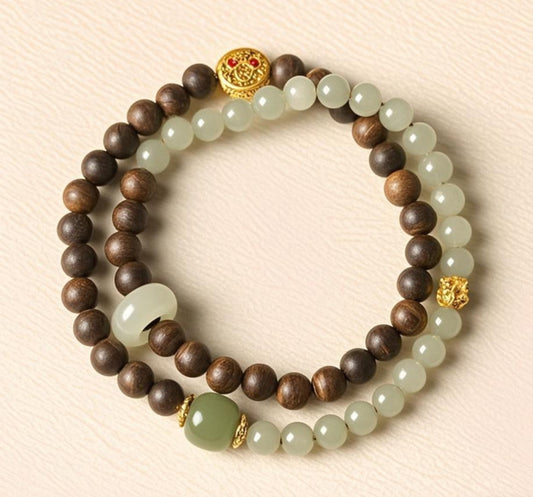 Qi Nan Agarwood Double-Strand Bracelet with Hetian Jade – Symbol of Good Fortune and Safety